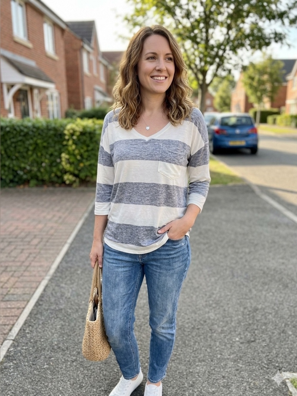 NWT SO 3/4 Sleeved Striped Grey and White V-Neck Top